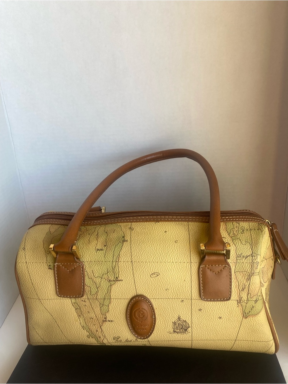 Giorgio Moda Map-Print Yellow Satchel with Brown Trim Handbag